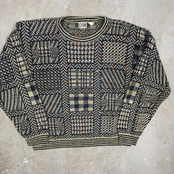 Vintage 90s Fine Line Patchwork Pattern Knit Sweater Geometric XXL - Picture 2 of 9